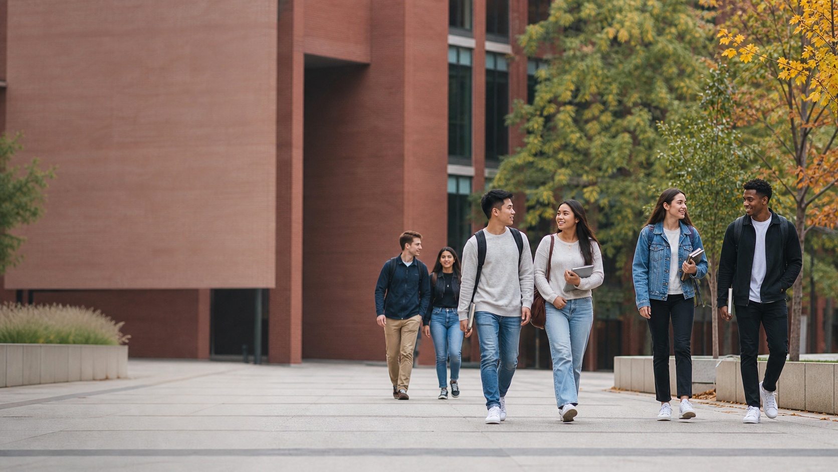 Estudiantes internacionales caminando por un campus universitario